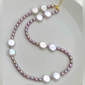 N42-Handmade High Quality White Coin Pearl And Purple Pearl S925 Necklace